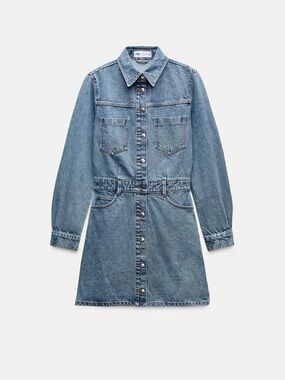 Zara Light Blue Denim Button-Front Mini Dress